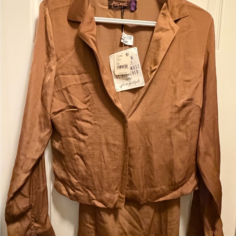 Free People Brown Silk Button-Front Women's Top and Skirt Set